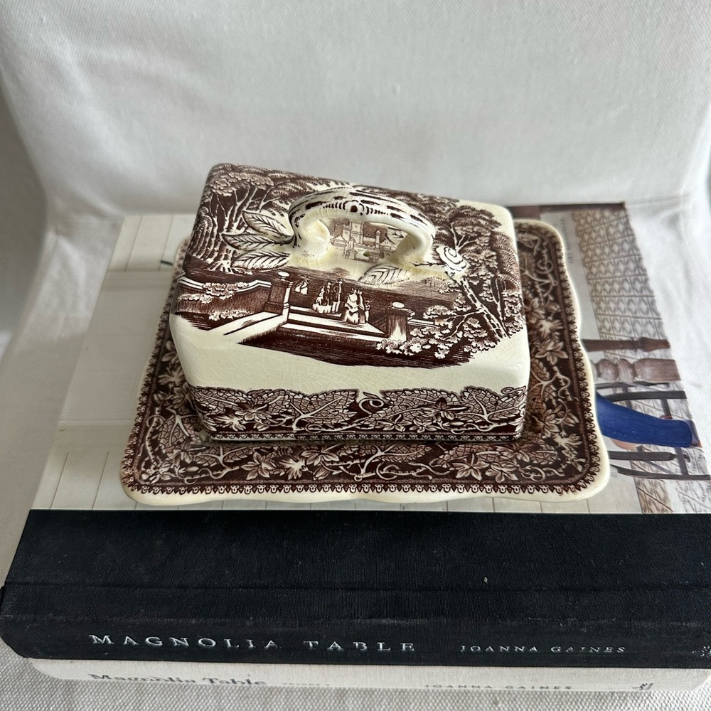 Vintage Brown Transferware Covered Butter Dish
